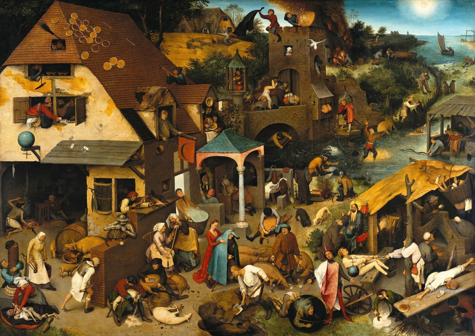 Pintura de Pieter Bruegel, o Velho, que mostra uma aldeia repleta de pessoas encenando provérbios populares ao pé da letra.