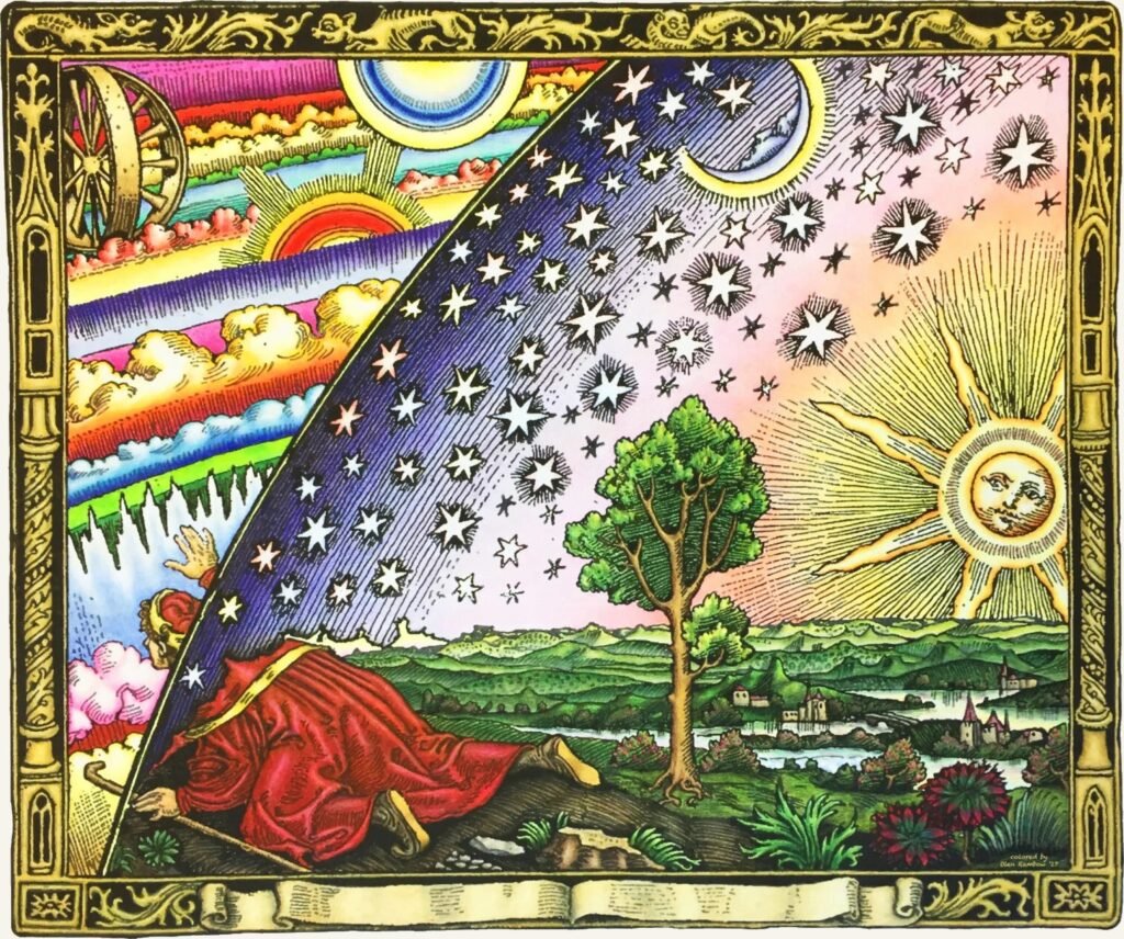 Gravura colorida: um viajante atravessa a abóbada celeste e contempla os mecanismos ocultos por trás do céu visível.